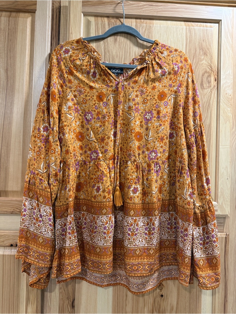 GiGio Women’s Size M Fall Floral Boho Flowy Peasant Top Mustard Orange